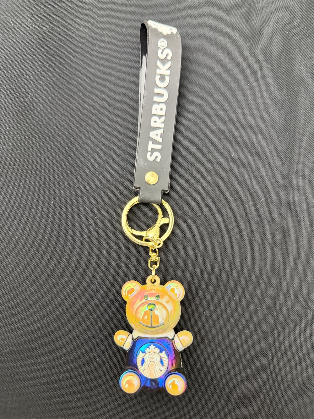 Starbucks Lacquered Iridescent Bear Keychain with Black Strap